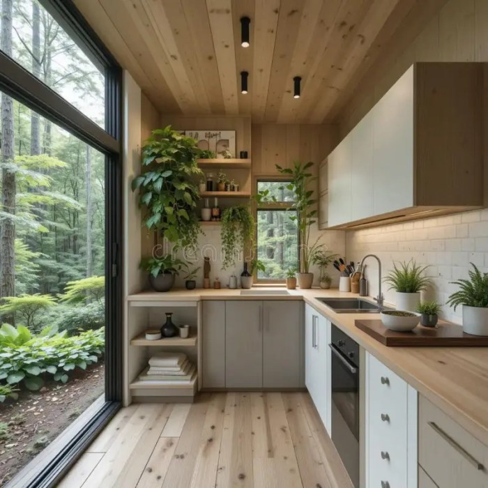 Tiny Modern Home with Foldable Counters and Forest Views Stock ...